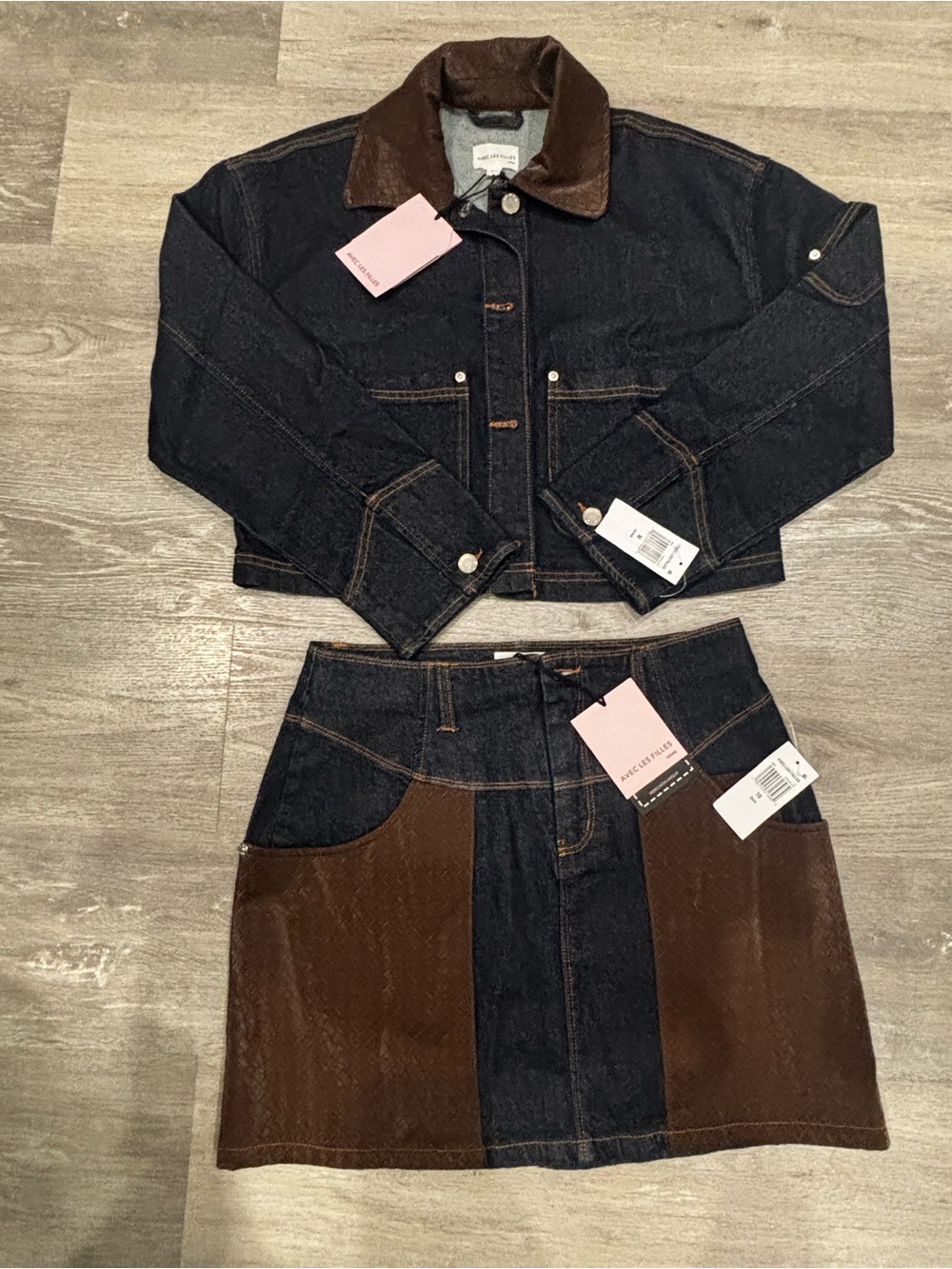 Avec Les Filles Dark Denim and Brown Corduroy Skirt Set